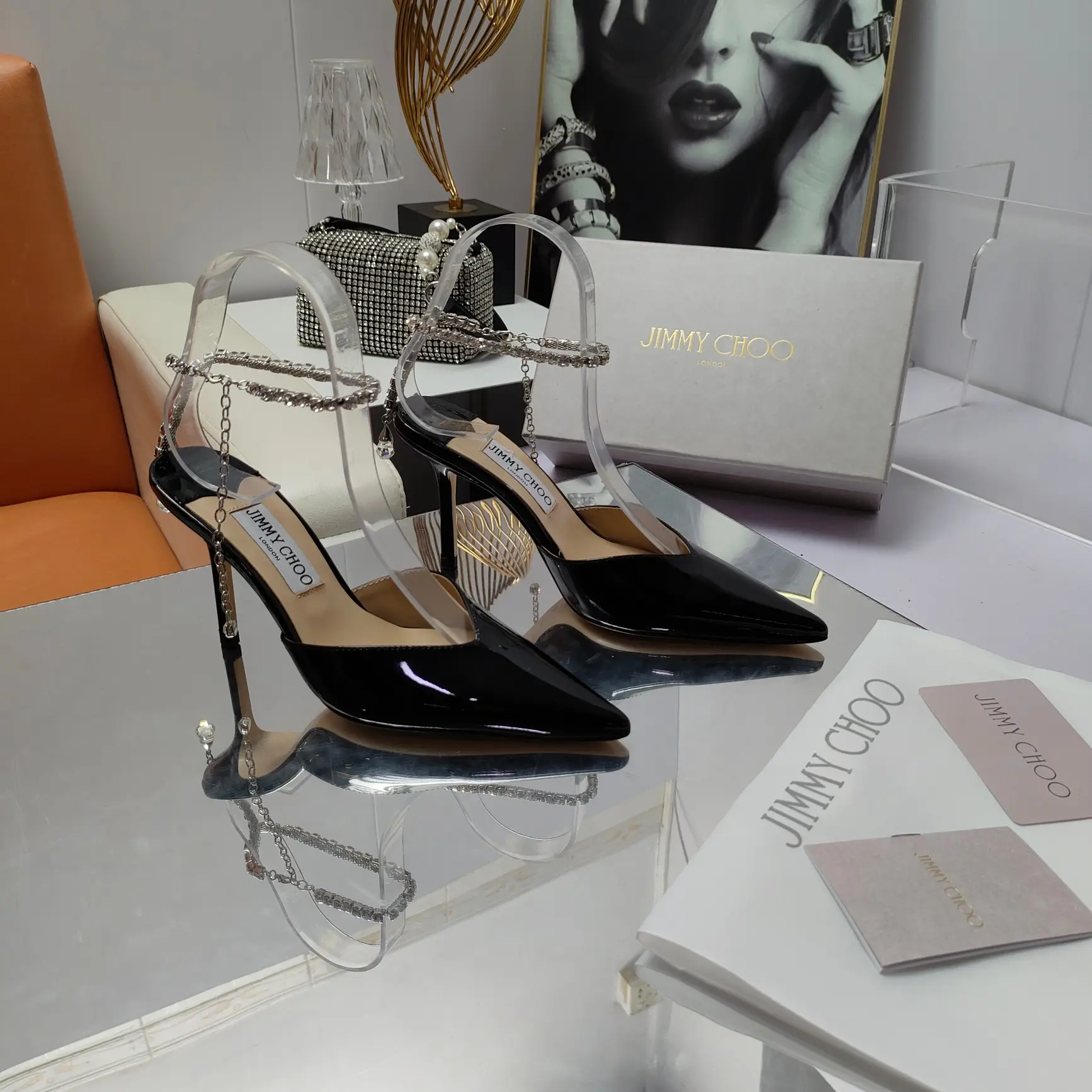 JIMMY CHOO counter new goddess rhinestone chain high heels series with numerous stars