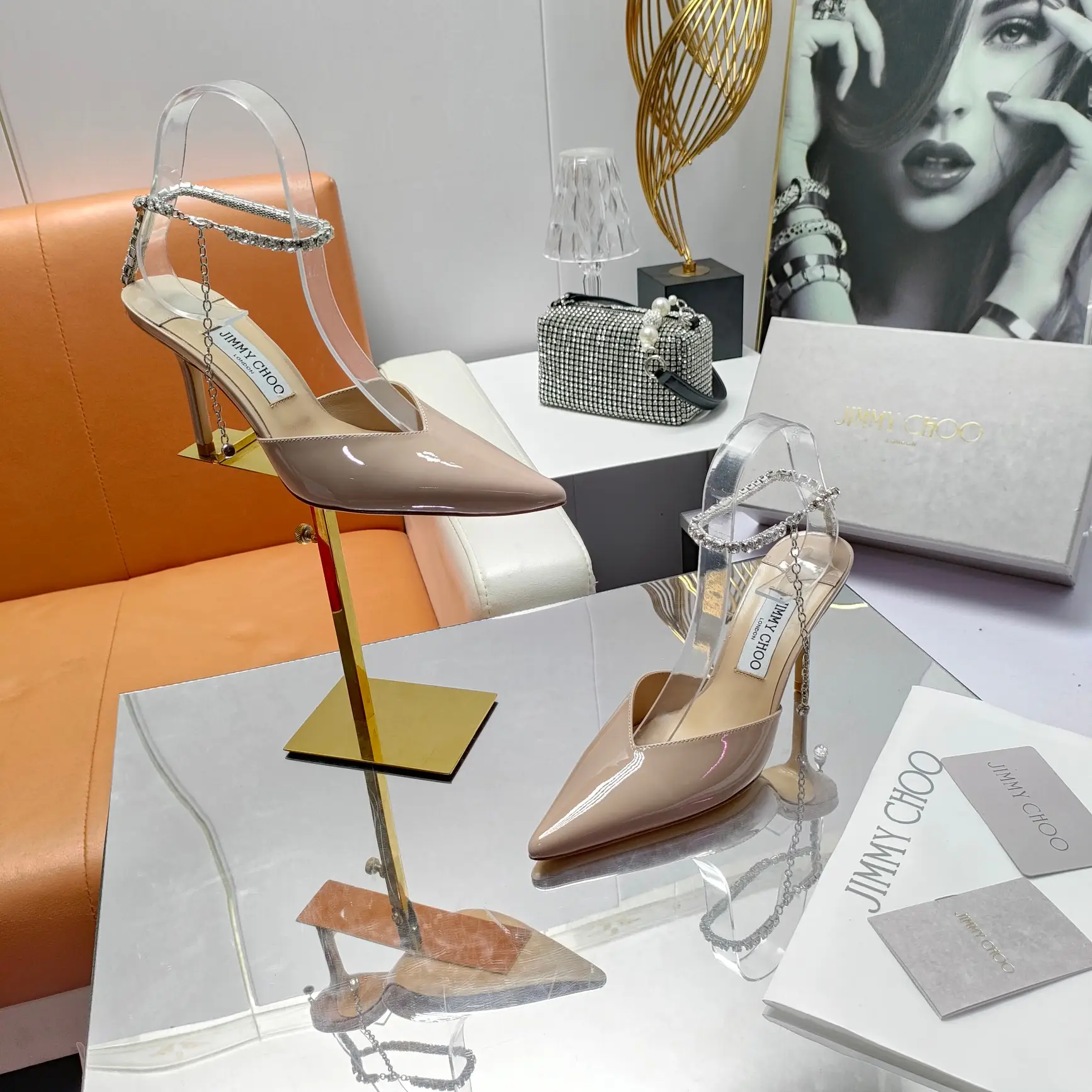 JIMMY CHOO counter new goddess rhinestone chain high heels series with numerous stars