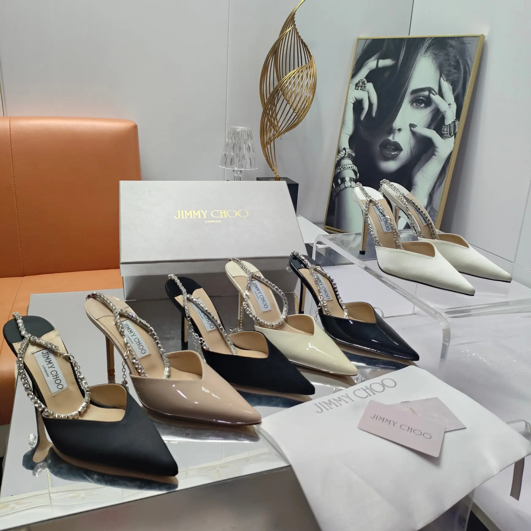 JIMMY CHOO counter new goddess rhinestone chain high heels series with numerous stars