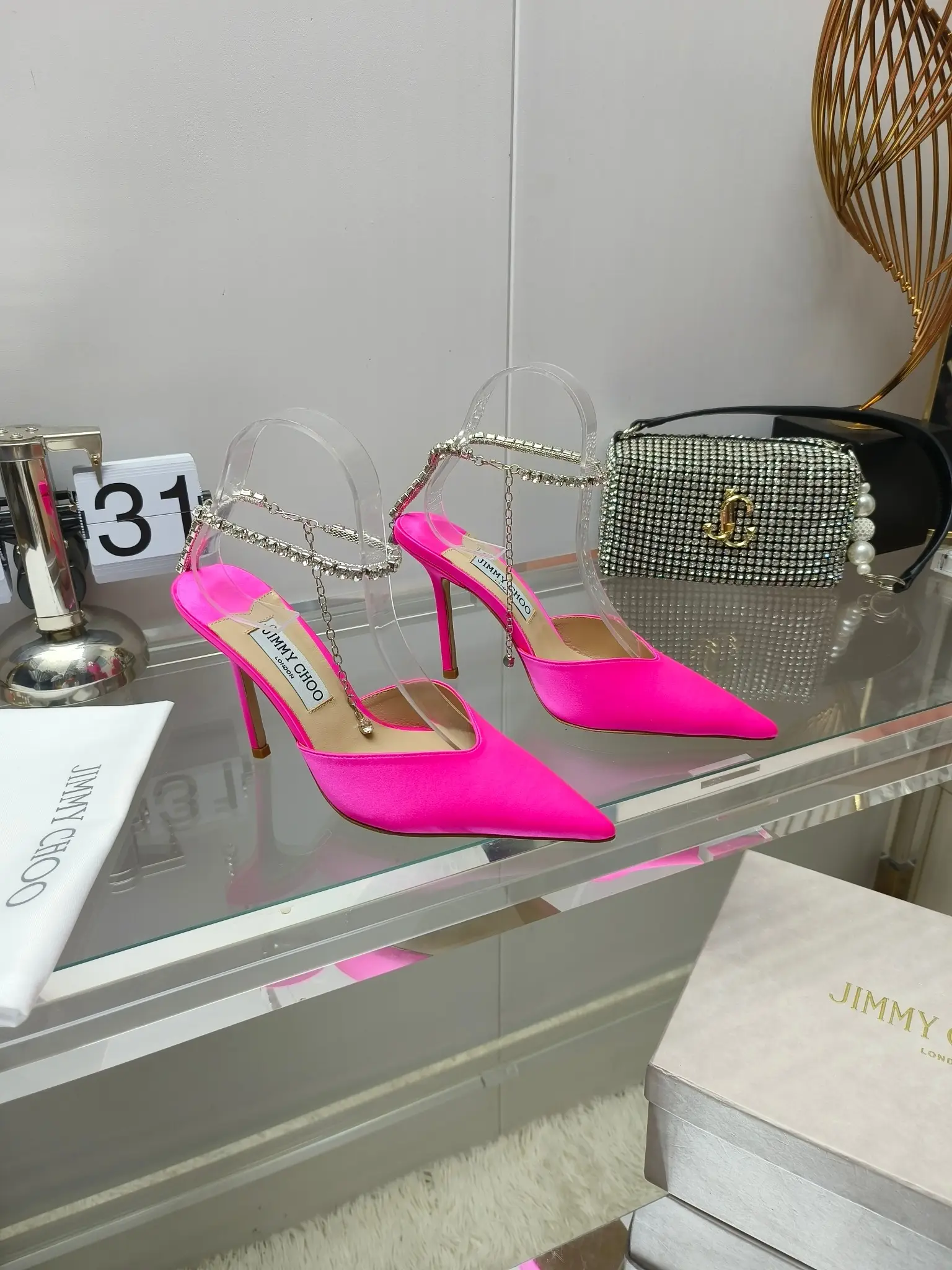 JIMMY CHOO counter new goddess rhinestone chain high heels series with numerous stars