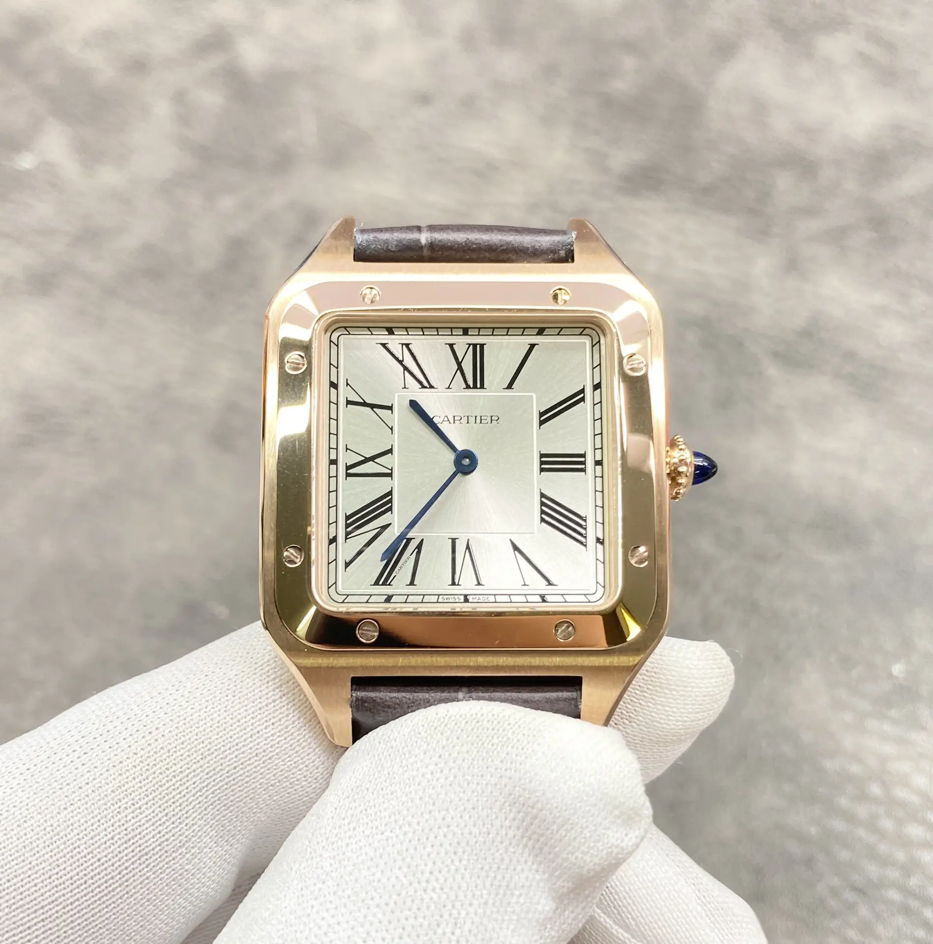 The Cartier Santos Dumont series has screws that can be turned around the rim