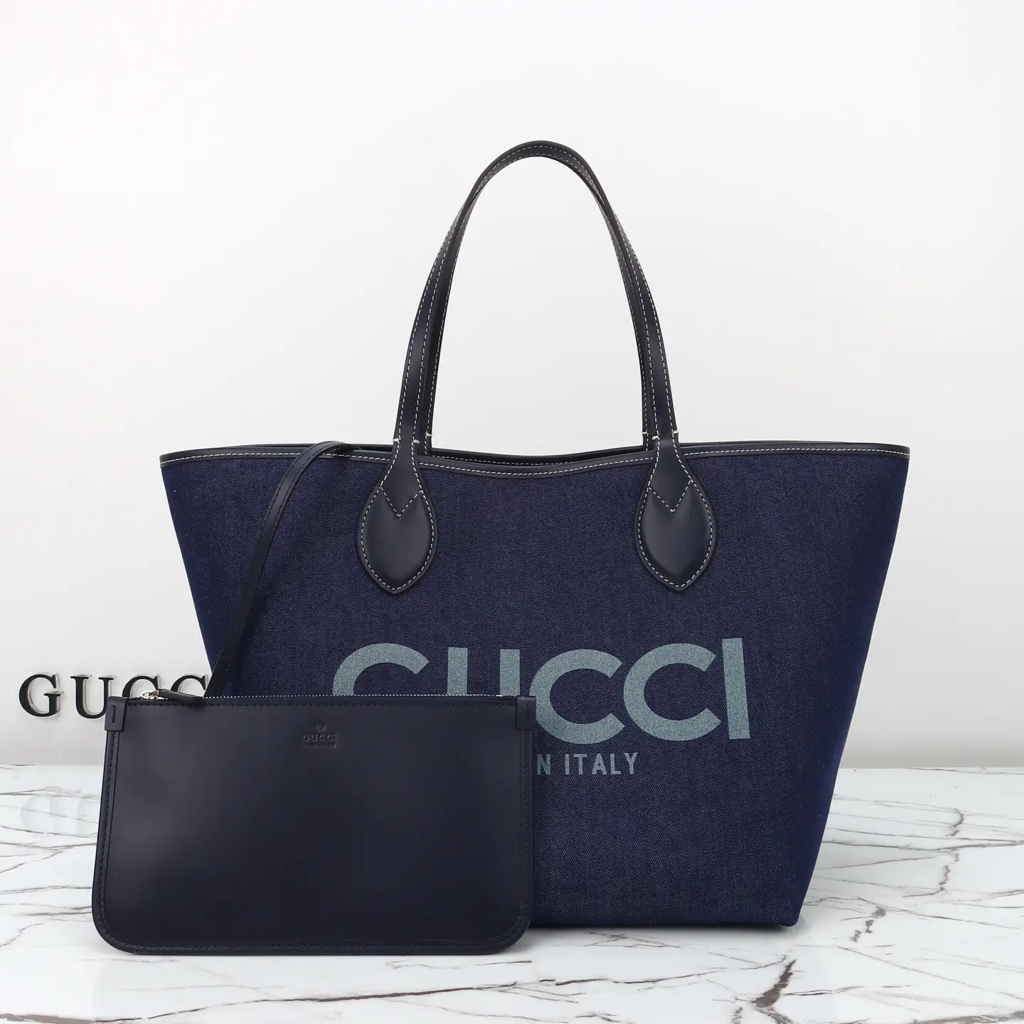 Gucci， Original leather, style 820481 blue denim silk screen printing