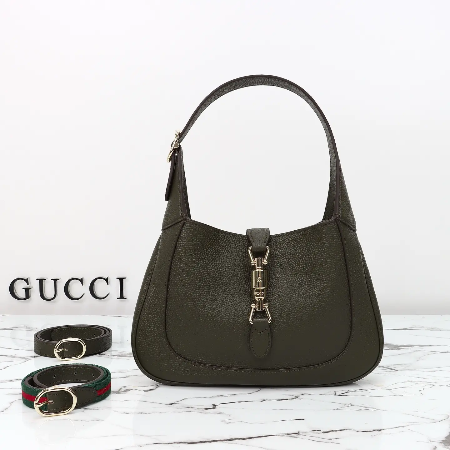 Gucci， Original leather, style 810232, green leather, lychee pattern, size: wide